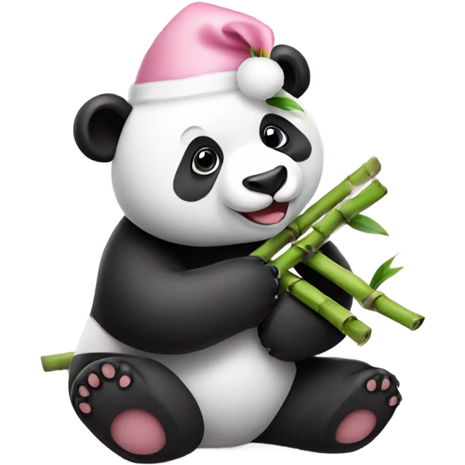 panda with pastel pink christmas hat eating bamboo emoji