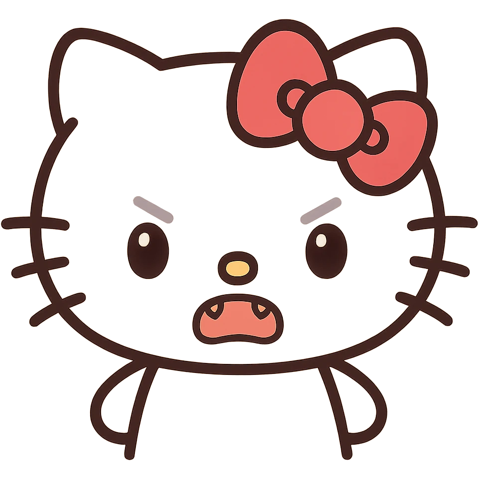 angry hello kitty, kawaii style, red bow, furrowed brows, tiny fangs showing emoji