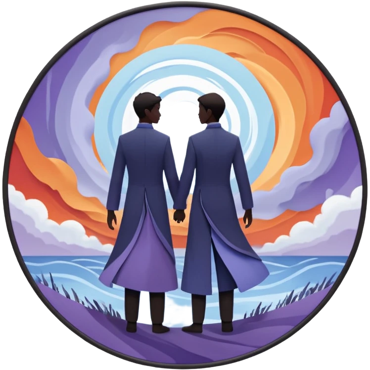 Center composition: Two silhouetted figures standing back-to-back or side-by-side in a circle of calm (soft blues, lavenders, white light)
Around them: Swirling storm energy—abstract shapes, wind lines, chaotic movement in reds, oranges, and dark grays emoji