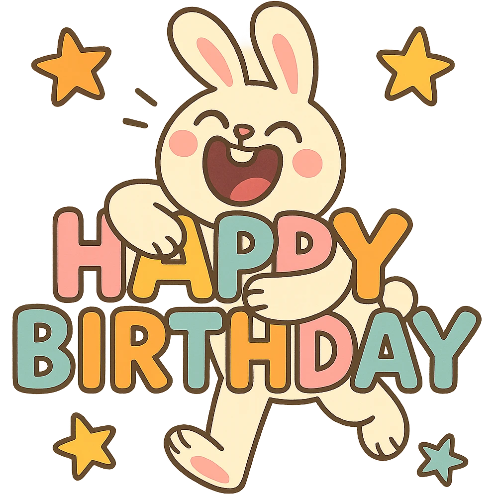 full-body laughing bunny hugging "Happy Birthday" letters with stars, pastel-toon style emoji