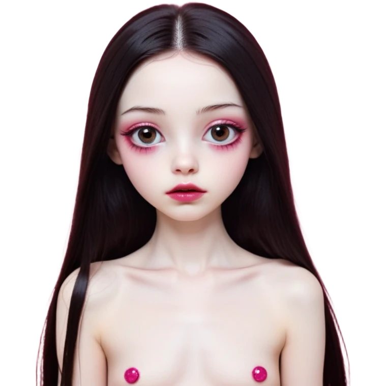 girl with white skin, dark brown long realistic straight hair with middle part prominently falling in front of her body over her shoulders, lips with reddish-pink shiny lip gloss and absolutely no cupid's bow, simple big round eyes with very black shiny eyeballs with no makeup at all, completely bare natural eyes, no colored eyelids, no eyeshadow, no eyeliner, natural eyelashes, light pink blush on cheeks, lighter button nose, exceptionally elongated very long oval-shaped face, wearing a pink off-shoulder top, looking directly at camera with hands down at sides emoji