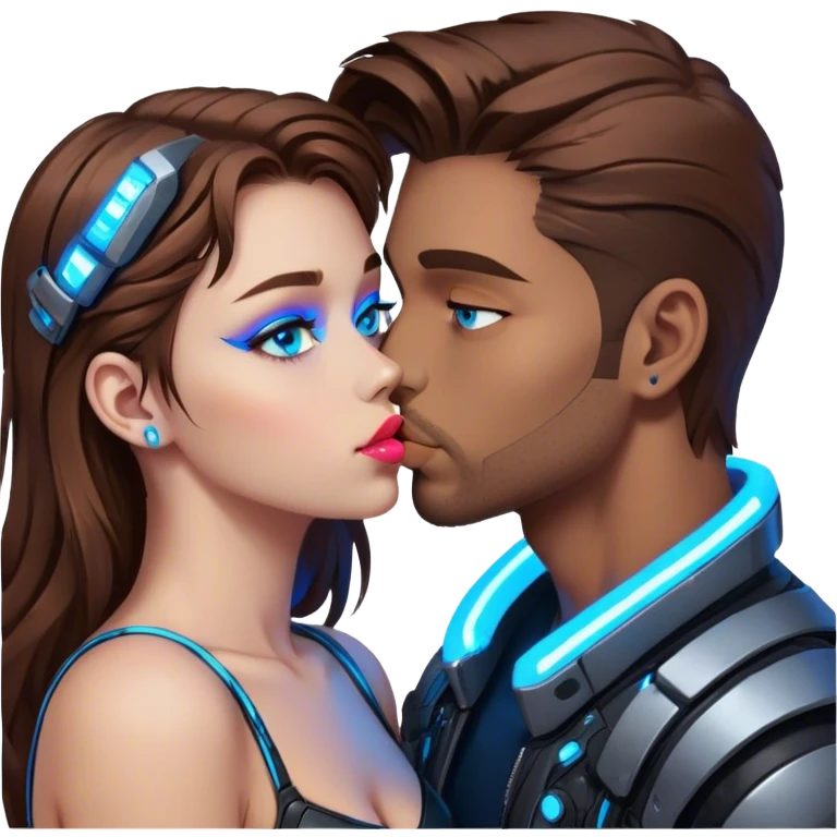 Neon cyberpunk style 
girl with brown hair and blue eyes kiss man emoji