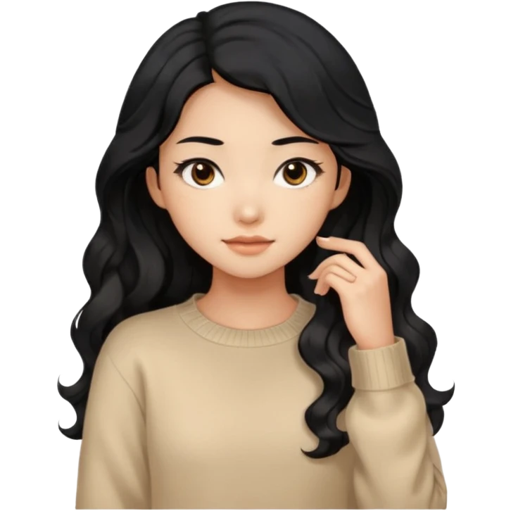 Beautiful girl,Black hair, wavy long hair,Black eyes,Chinese, beige sweater  emoji