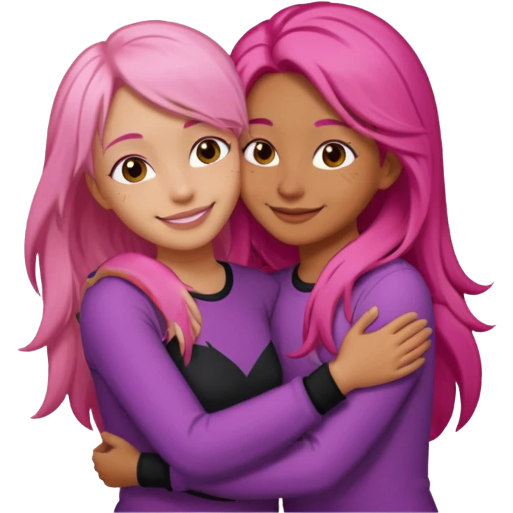 Surprisingly goofy once they open up. Strong, loyal, and incredibly supportive — but still hates wasting time. one woman with long pink hair hugging another woman with short  dark hair emoji