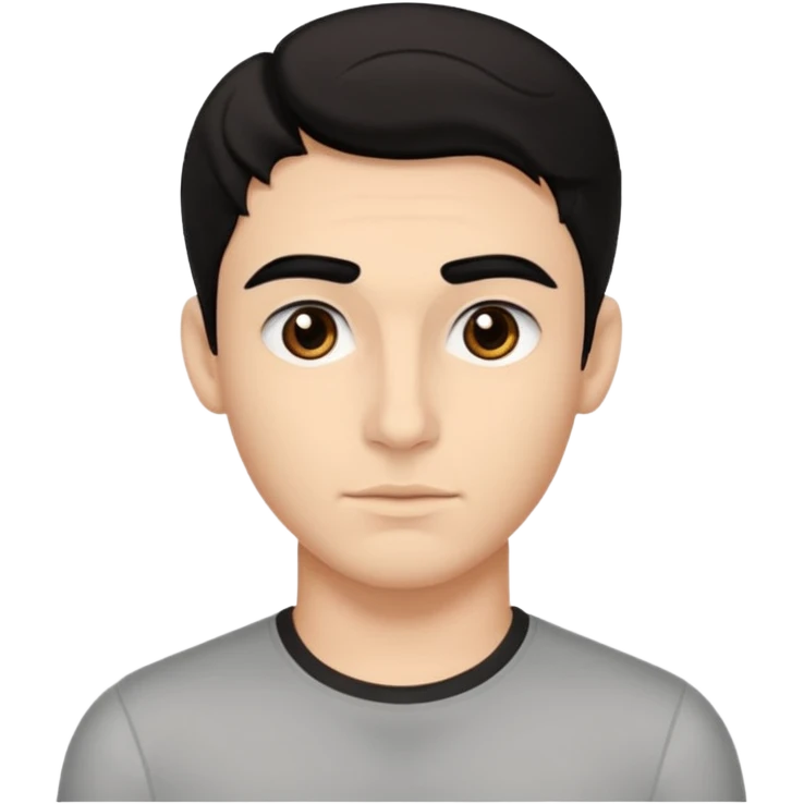 emoji a medio cuarpo, de un joven, con cejas gruesas, nariz medio grande, hombros anchos, sin sonrisa, hombros anchos, cabello medio ondulado con un corte juvenil, cabello negro. ojos negros. emoji