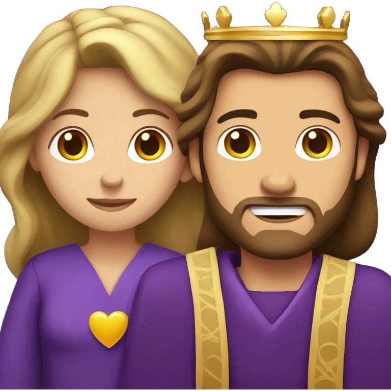Caucasian long  brunette woman wearing formal royal purple robes and a crown whose face shows hearts to the man she adores  emoji