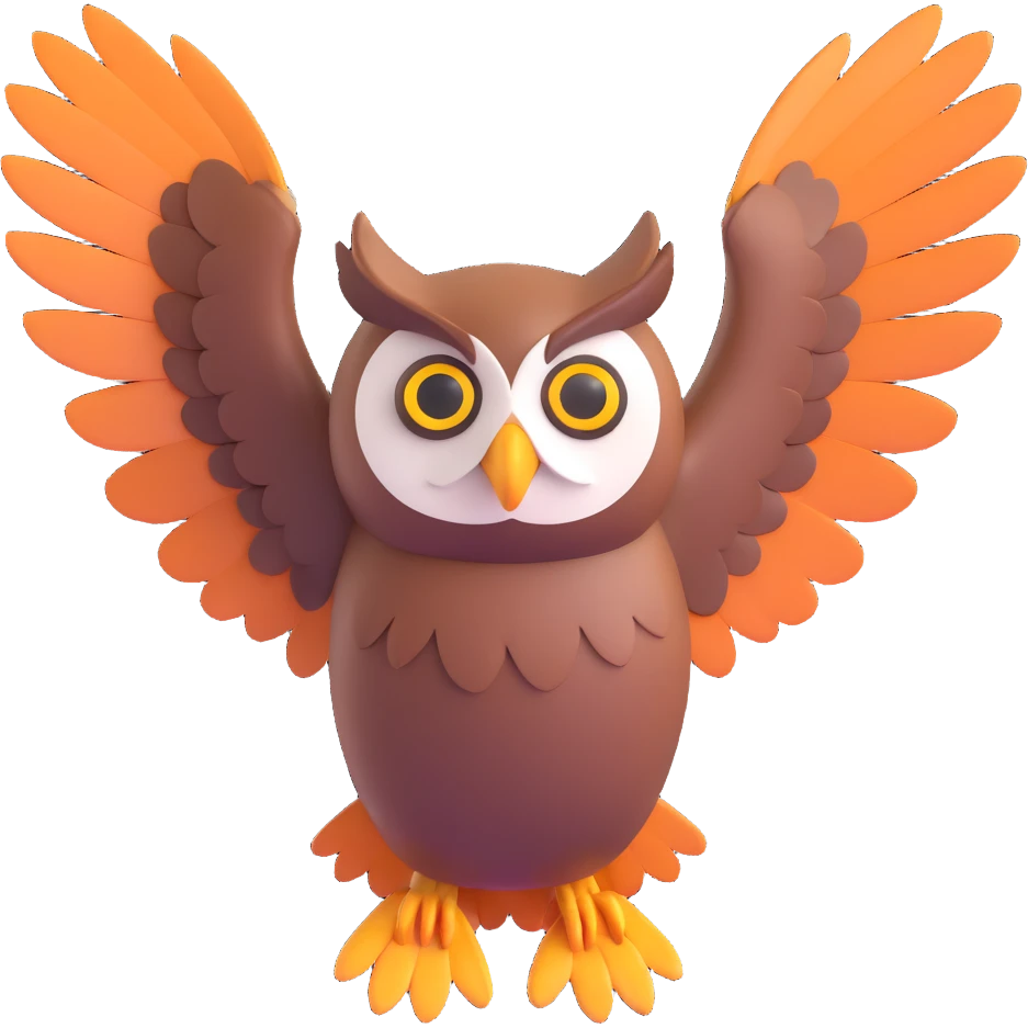 an owl taking off and flapping its wings, dynamic motion, clear wings, expressive face emoji