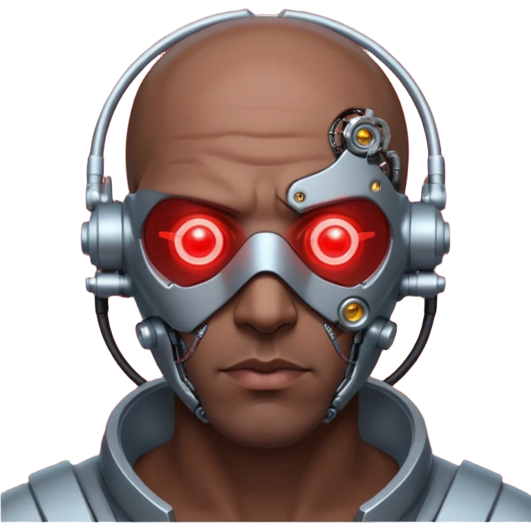 bald dark brown man, half of his face covered in cyborg upgrades such as red laser emoji