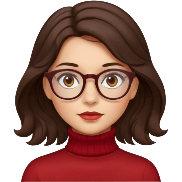 A girl has fair skin wavy dark brown hair, has glasses and almond brown eyes wears red turtle neck has long hair and so pretty emoji