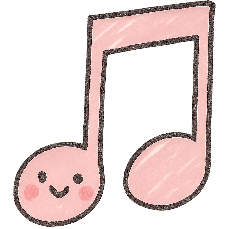 Create a soft and cute music icon in Japanese hand-drawn style with pink color. Match the design and line style of the provided phone icon reference. The icon should have a transparent background and be suitable for a mobile home screen. emoji