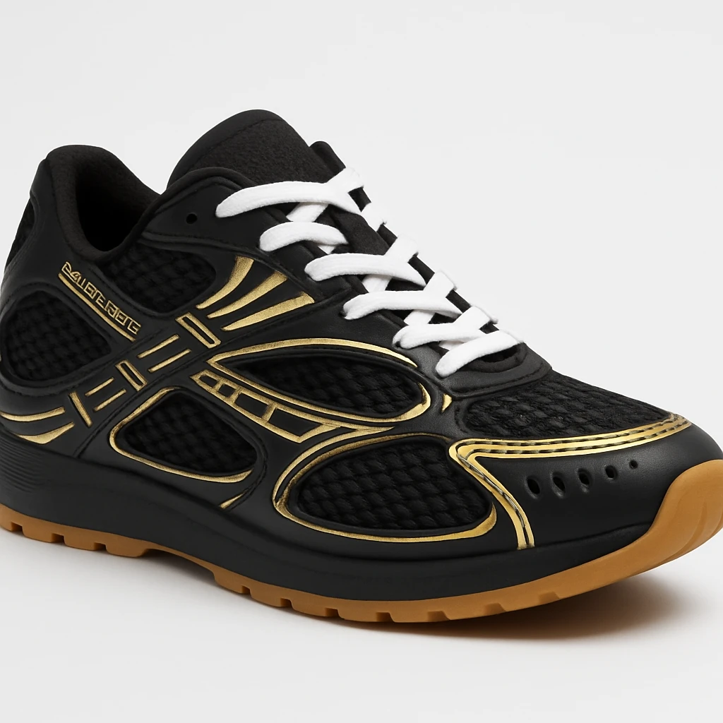 Recreate the Bottega Veneta Orbit sneaker in black with gold accents, exact design, shown in a 3D turned perspective (not flat 2D), similar to the reference image, realistic, clean background. The style should be realistic and 3D as in the reference images. emoji