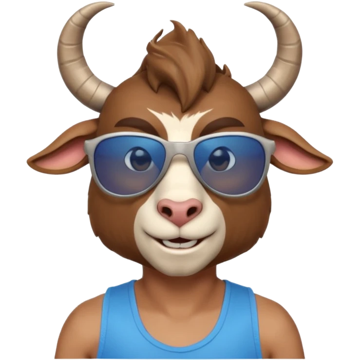 3D cartoon goat man portrait, head and shoulders, brown fur, small horns, blue reflective sunglasses, slight smile, tank top, soft lighting, centered, clean background, no text, no watermark
 emoji