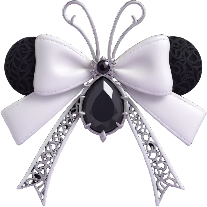 3D emoji gothic bow, white leather, silver spider brooch, black lace overlay, single black teardrop gem emoji