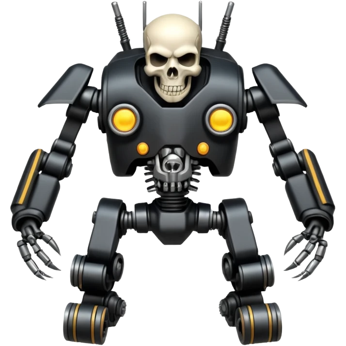 four-armed skull-headed tank mech with four mechanical arms with guns, skull head with cables, tank tread lower body, aggressive expression, shiny metal with minimal color accents, preserve all proportions, pose, and details, motorcycle  emoji