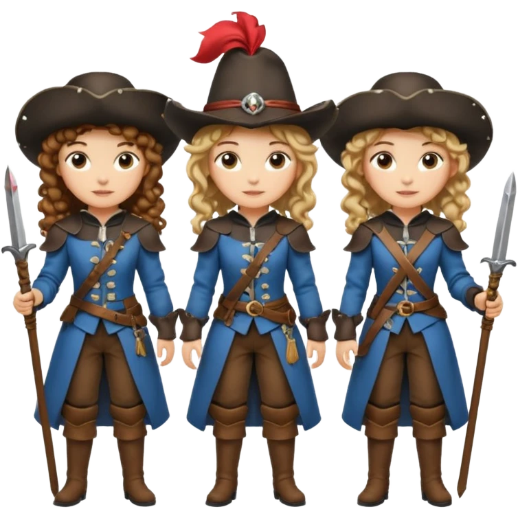 Three female musketeers ome with brown curly hair, one with blond one with blond in pony tail emoji