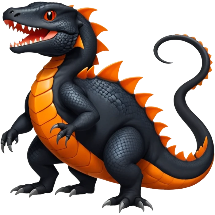 Black Salandit-Tyrunt-Fakémon-creature-hybrid with orange belly (full body) emoji