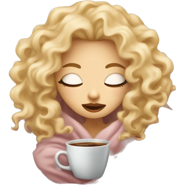 Blonde  hair curly girl inside a blanket sipping coffee eyes closed emoji