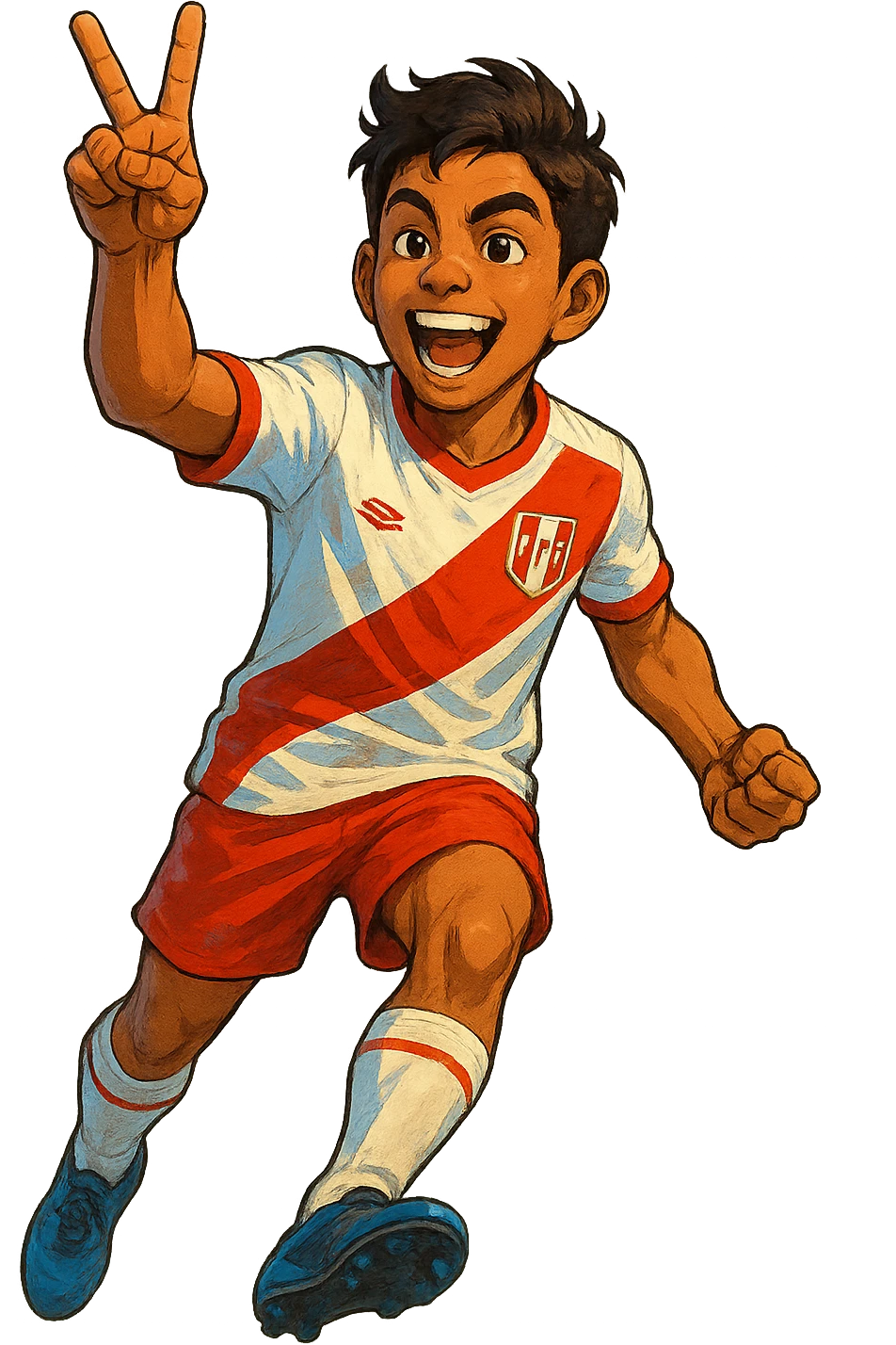 young Peruvian soccer player making a victory gesture, digital illustration style emoji