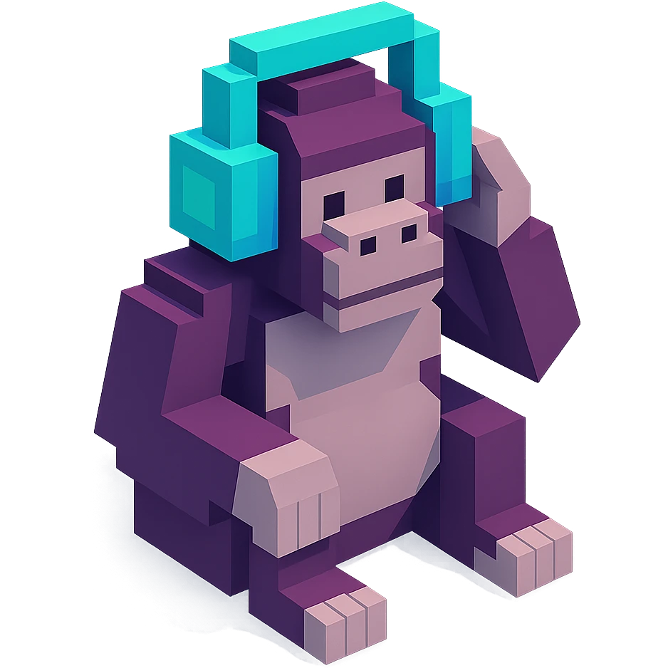 voxel style gorilla sitting and listening to music with headphones, isometric view emoji
