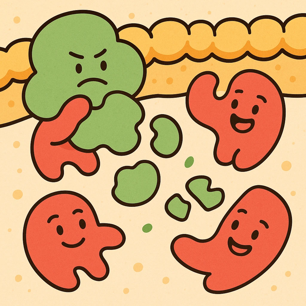 A realistic really detailed of enzymes (red) breaking down starch (green) near a cell membrane (yellow). Macro photography style. No labels. emoji