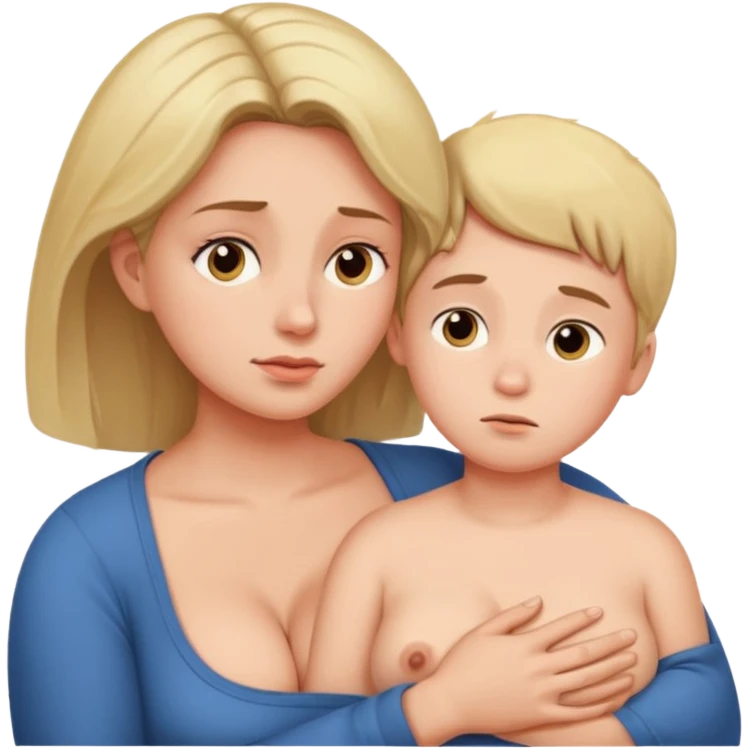 A boy rests his face against his mother's large breasts. emoji