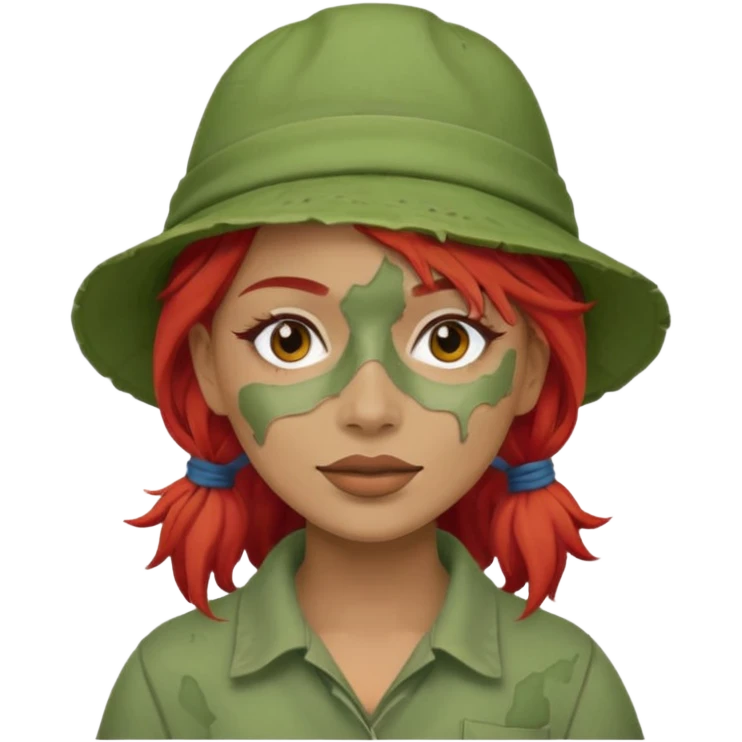 messy green full face clay mask and tourist hat red hair  emoji