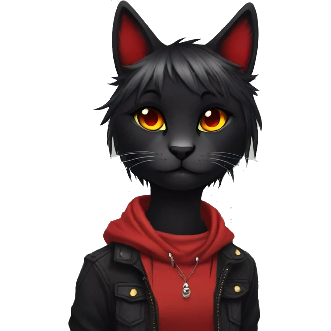 Anthro Edgy Cool Beautiful Black Cat-Fursona with Emo Hair-bangs with Red Streaks emoji