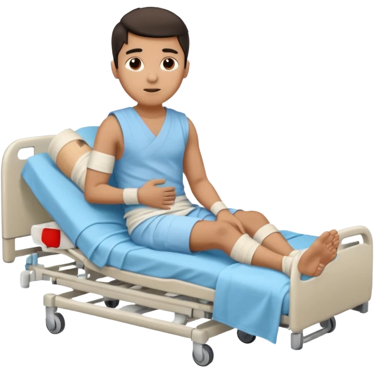 A young hispanic guy with one broken leg in the hospital. The broken leg is bandaged to indicate that it is broken. emoji