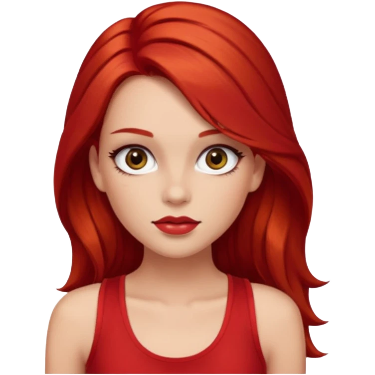 girl wearing red tank top, brown long hair, glam make up, have a red hair clip EMOJI emoji