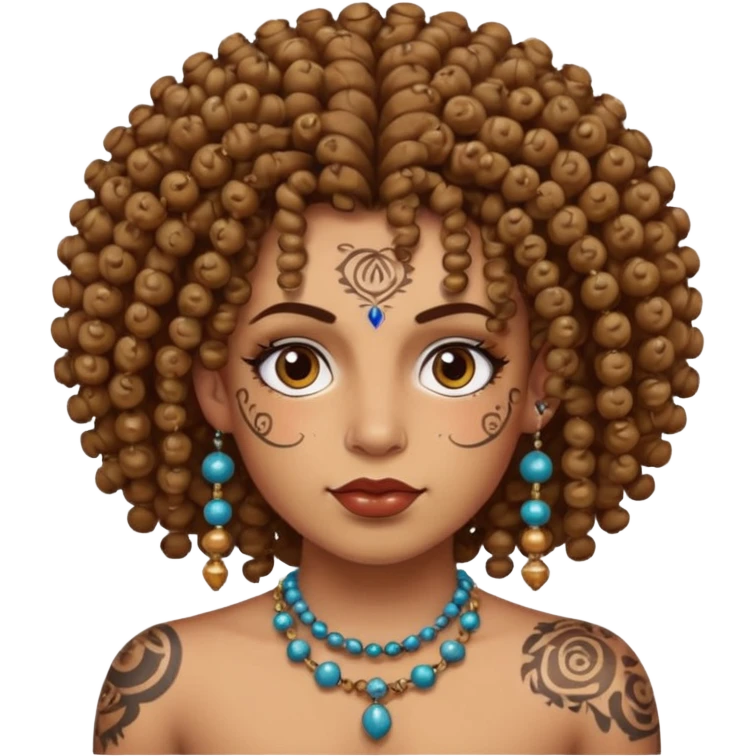 curly haired and heavy face tattoed person with a unique face and style, beads in hair emoji