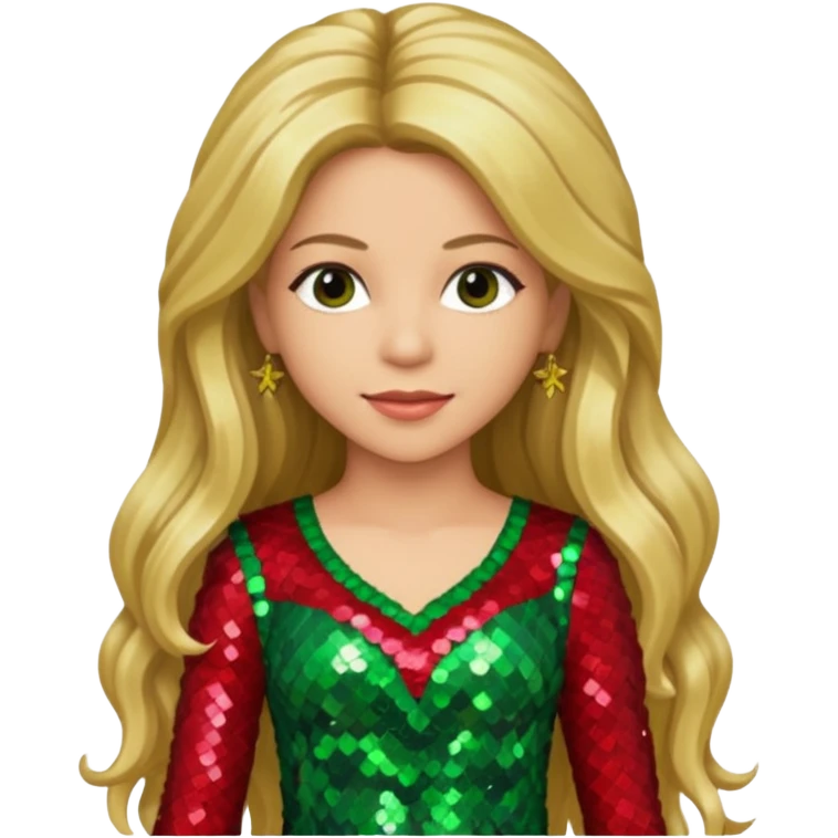 Shakira with long dark blonde hair, red green sequin outfit emoji
