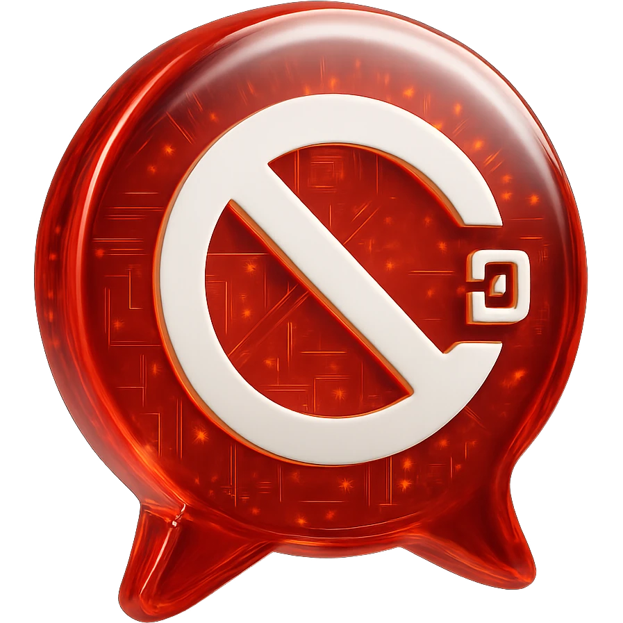 Create a Slack emoji icon in the glossy circuit style as the reference image. Show a bold and high contrast red chat bubble with a diagonal 'no entry' symbol and a tiny external link icon, representing a conversation blocked on external party. The design should be simple, clear, and easily recognizable at small size. emoji