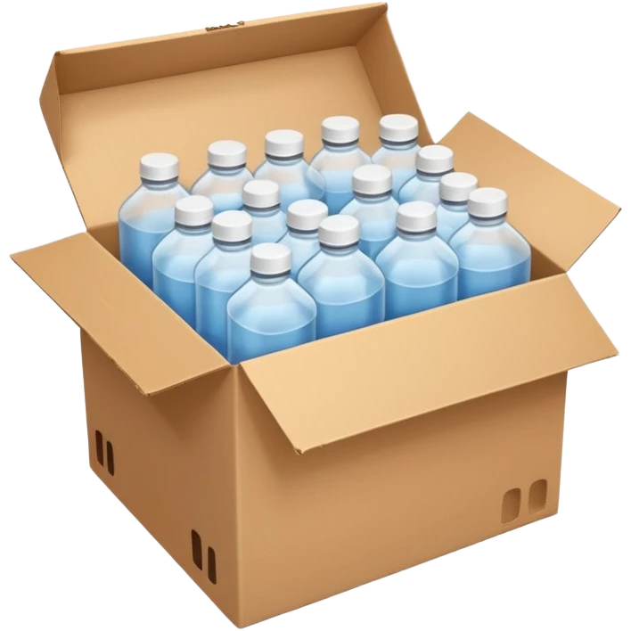 white transparent plastic bottles popping out of a delivery cardboard box emoji