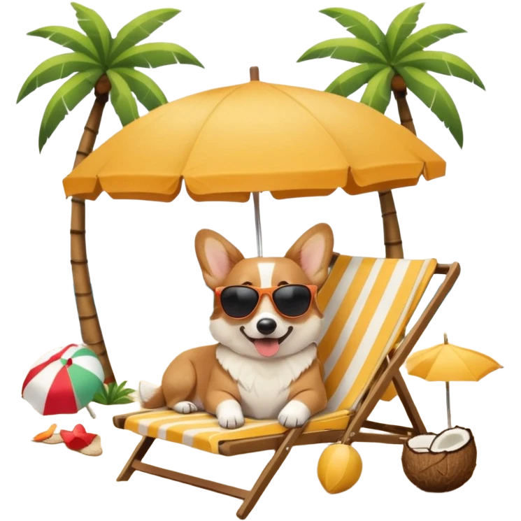 a corgi dog laied on a beach chair, a sunny beach, a sun umbrella, and beach coconut trees. the icon should capture the essence of a relaxing beach vacation with a carefree atmosphere emoji