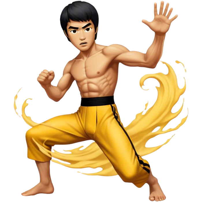 Cinematic Realistic Bruce Lee Portrait Emoji, depicted as a dynamic martial arts icon with an intense gaze and athletic physique caught in a fluid motion, rendered with vivid textures and energetic lighting that embodies his legendary prowess. emoji