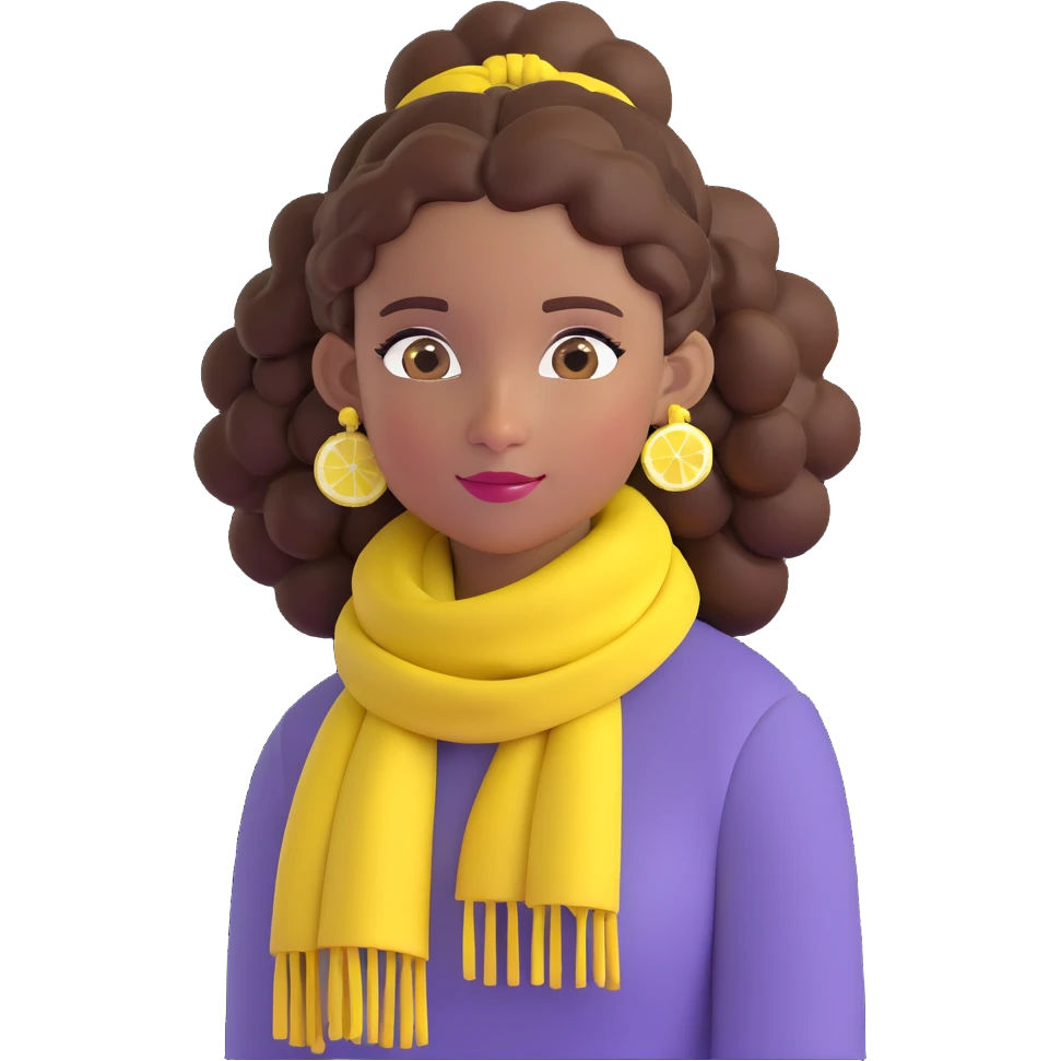 brown-skinned girl emoji, bohemian style, long curly brown hair up, lemon yellow scarf, round earrings emoji