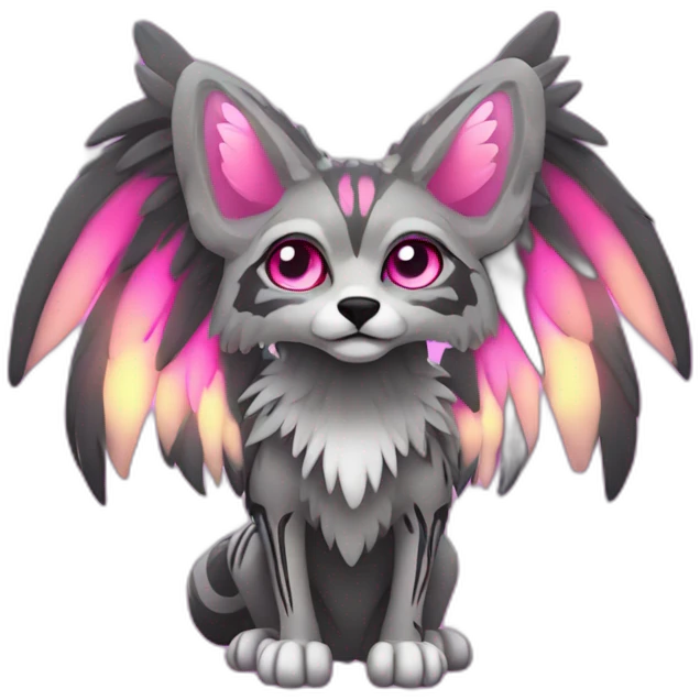 Coyote ocelot standing with grey and black fur and phoenix wings on back and pink ears half skeleton, neon lights emoji