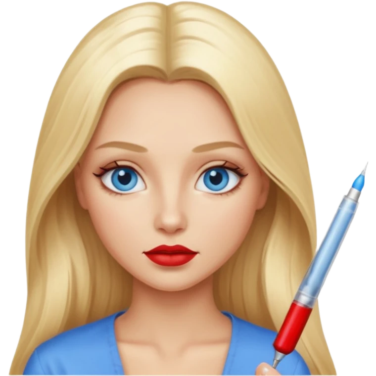 Realistic blonde girl, long full hair, blue eyes, red lips, getting Botox, very relaxed   emoji