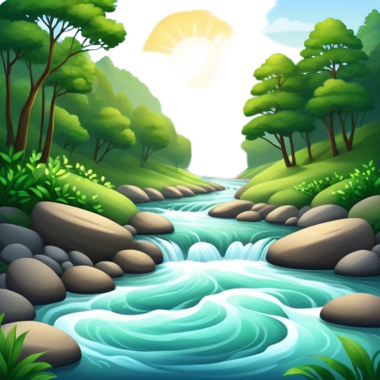 Cinematic Realistic River Emoji, Serene and flowing, with sparkling water meandering through lush greenery, surrounded by trees and rocks. The sun dances across the rippling surface, creating glimmering reflections while birds fly overhead. Soft glowing outline, capturing the essence of peacefulness and tranquility in a meandering river. emoji