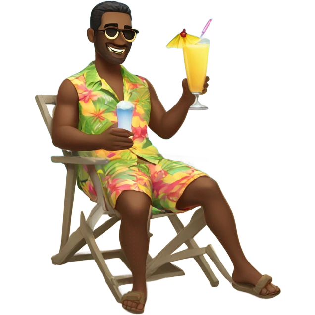Man lounging by pool in Hawaiian shirt with pins colada emoji