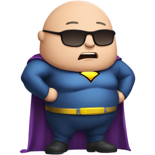 A chubby bald guy with a super hero suit and a logo that reads FatMan emoji