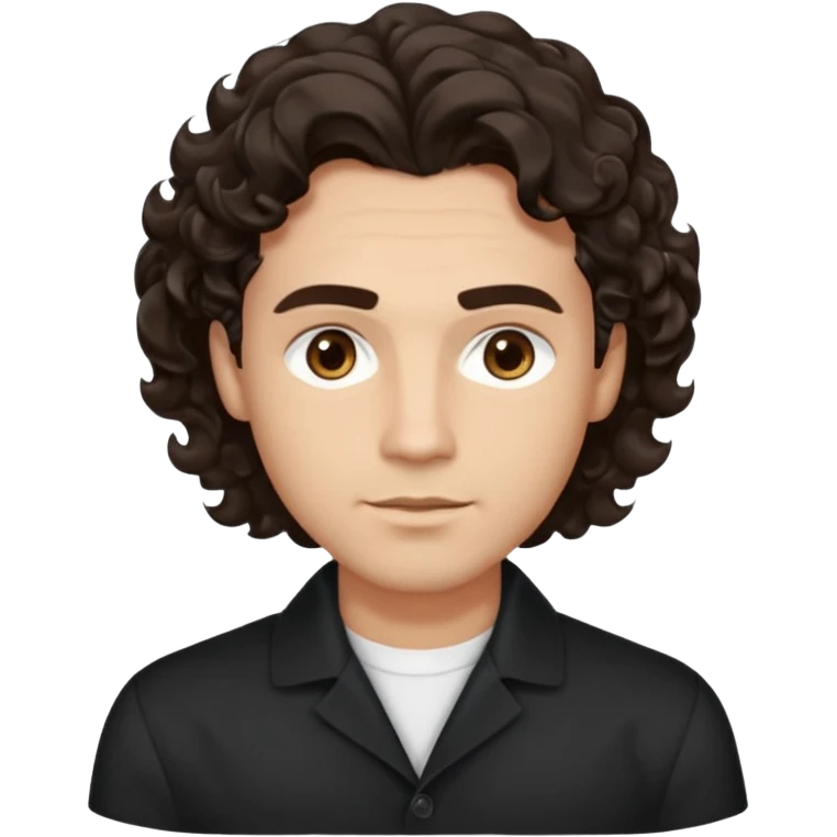 He’s a man with light to medium skin, a defined oval face, full brows, deep-set eyes, and voluminous wavy to curly dark brown hair styled with height. expression calm and focused relaxed black open-collar shirt.polished, articulate, and professional vibe. emoji