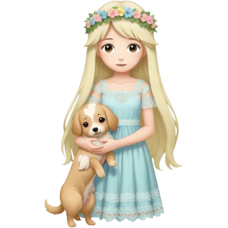 Pastel anime lady long hair with long lace dress full body holding puppy emoji