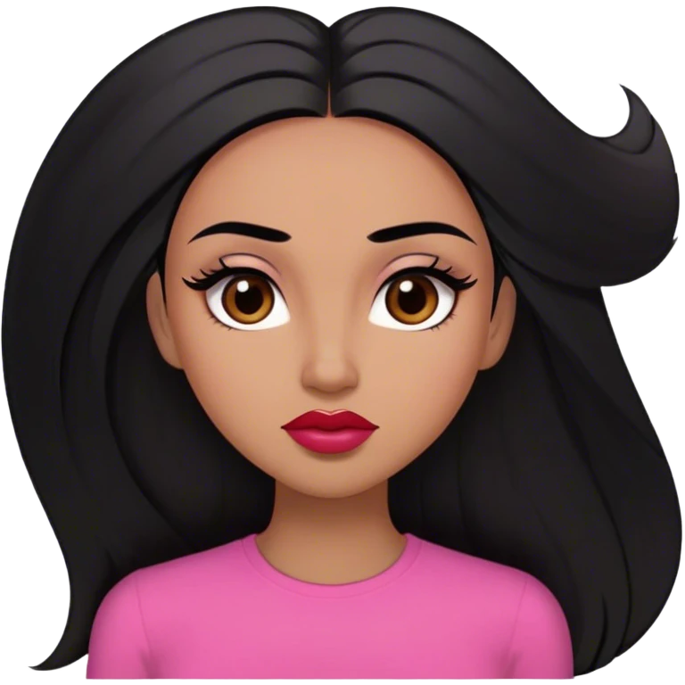 Woman,light brown skin,super long black straight hair, medium brown arched eyebrows, full lashes, red nude lips , pink shirt, small forehead  emoji
