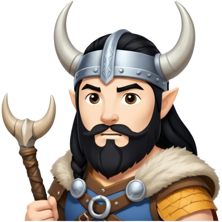 vikingo, con cuerno de vaca, pelo negro, en torre de Asgard. emoji