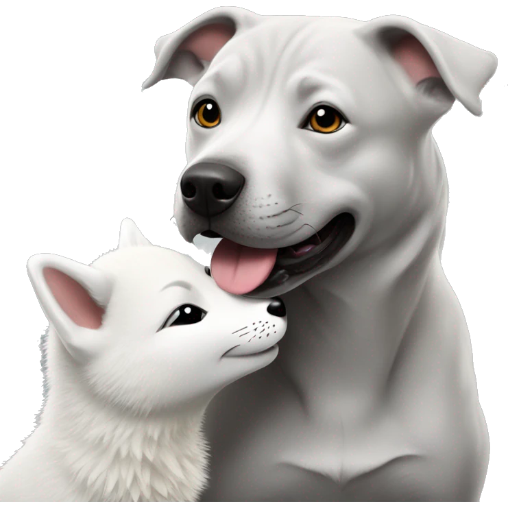 Grey Staffy dog kissing an arctic fox emoji