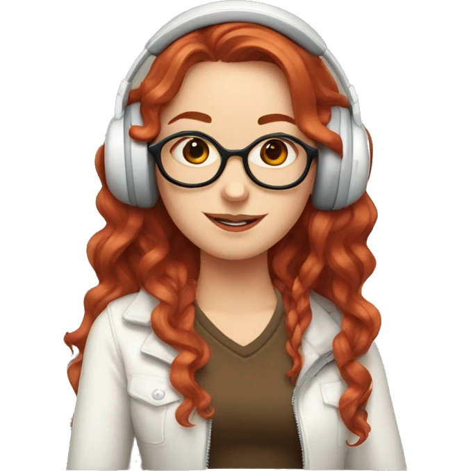 White girl with Peace Sign Hand, long red red wavy hair, square glasses, wearing headset and winking one eye emoji