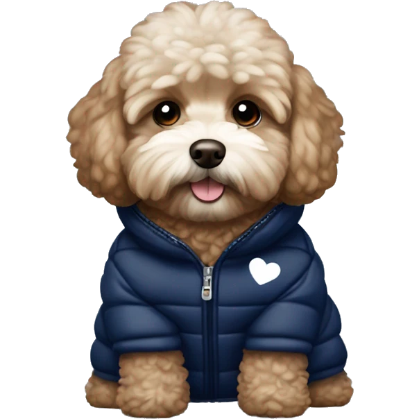 Brown Maltipoo wearing navy blue puffer jacket with little white hearts emoji