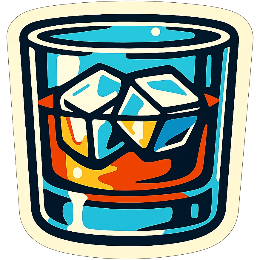 whiskey glass with two large ice cubes, retro stickers style, sharp black outlines, expressive shadows and highlights, no gradients, only sharp color transitions, side view emoji