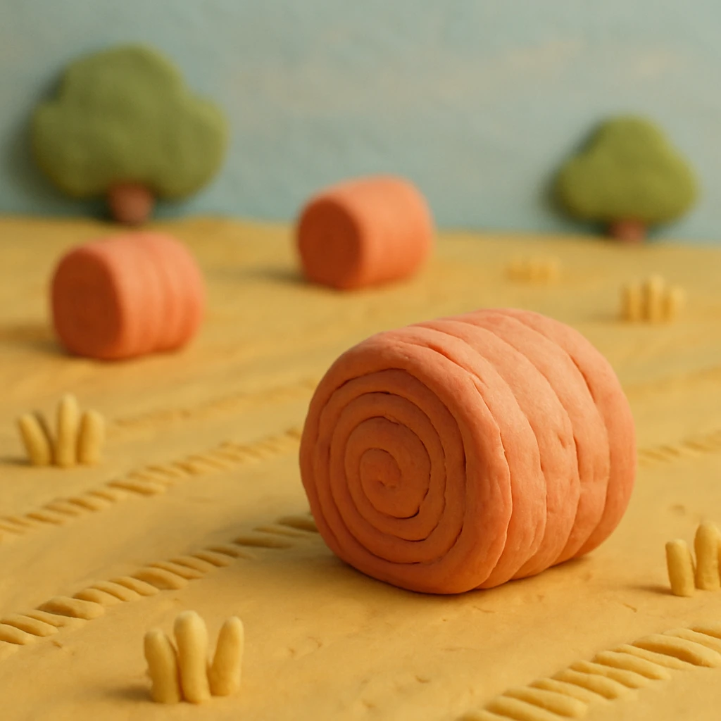 hay bales in a field, pastel colors, visible fingerprints, claymation style emoji